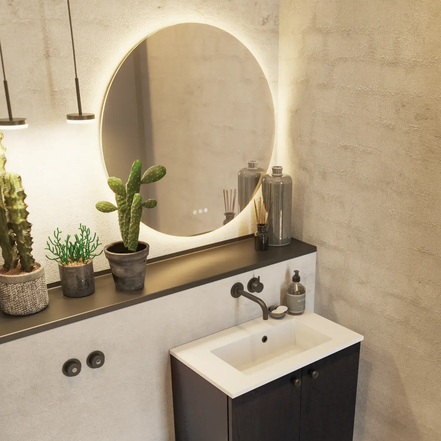 Bathroom inspiration with a black oak washbasin cabinet, an elegant round mirror and sink, stylish accessories, cactus plants, and walls in raw materials give a rough, industrial, and urban look.