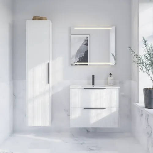 Bathroom inspiration with marble floors and walls, elegant white vanity unit and tall cabinet with beautiful narrow stripes and minimalist black elongated handles, and modern square mirror with light.