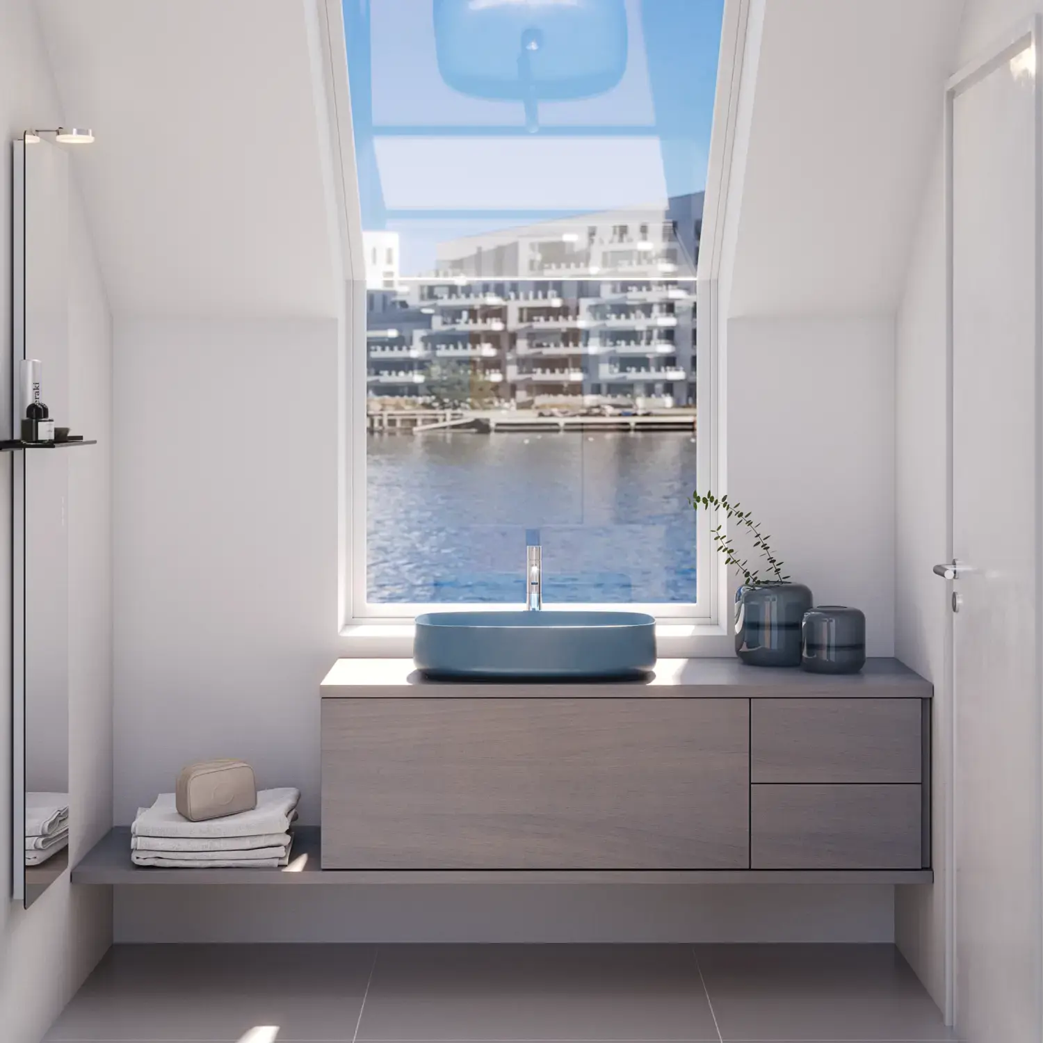 Small bathroom inspiration with custom-made countertop, elegant blue countertop basin, and square feature mirror, creating a bright and modern space.