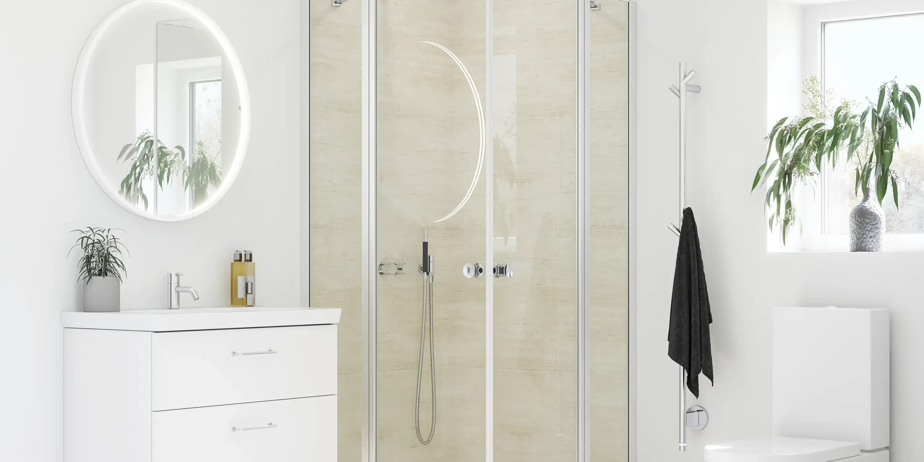 Bathroom inspiration with white bathroom furniture and shower screen with fixed shower walls with swing doors in clear glass and profiles in satin, elegant electric towel dryer, which with white walls and light floors gives a bright and modern look.