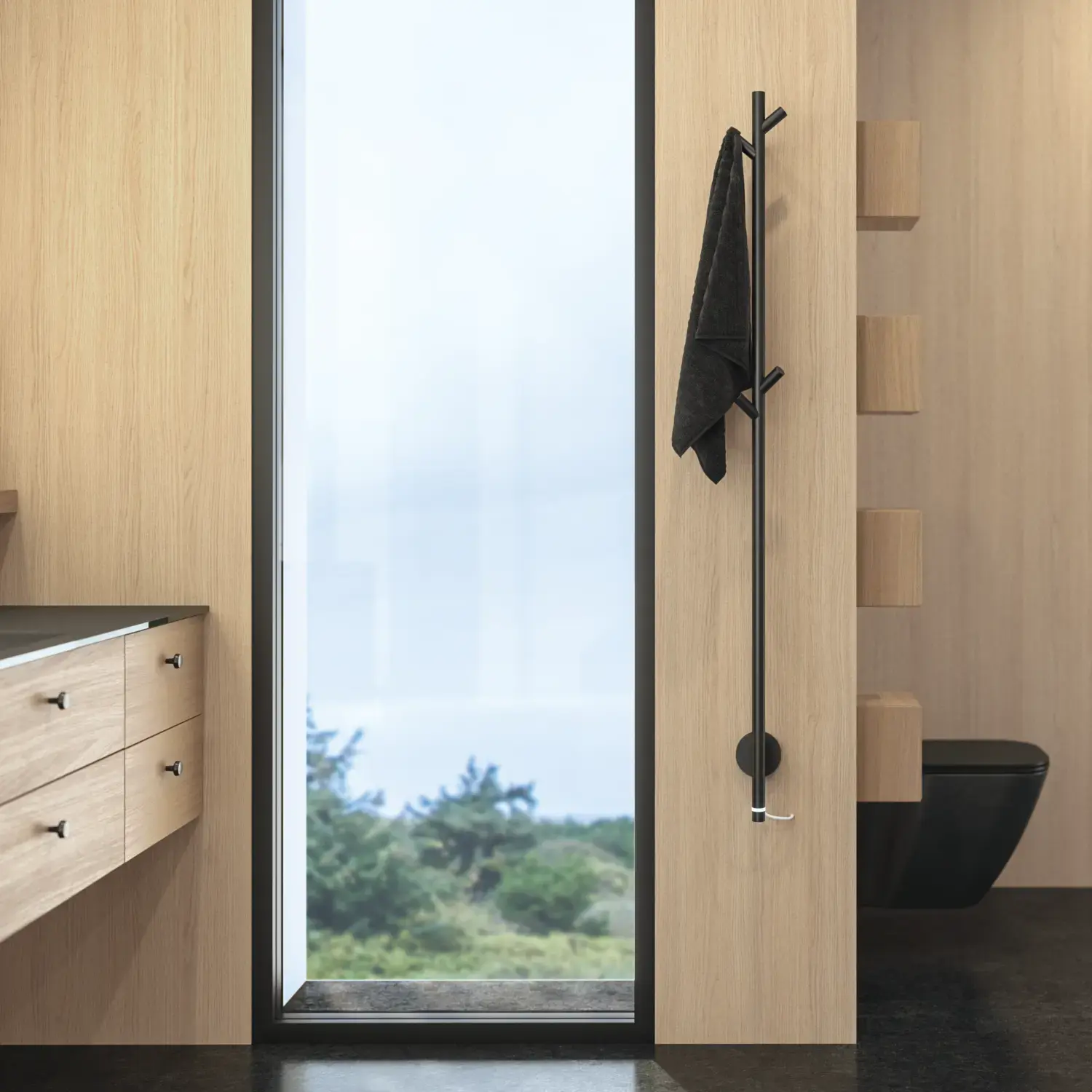 Stylish bathroom in Scandinavian and Japandi design with light wood walls, round mirror, and minimalist bathroom furniture.