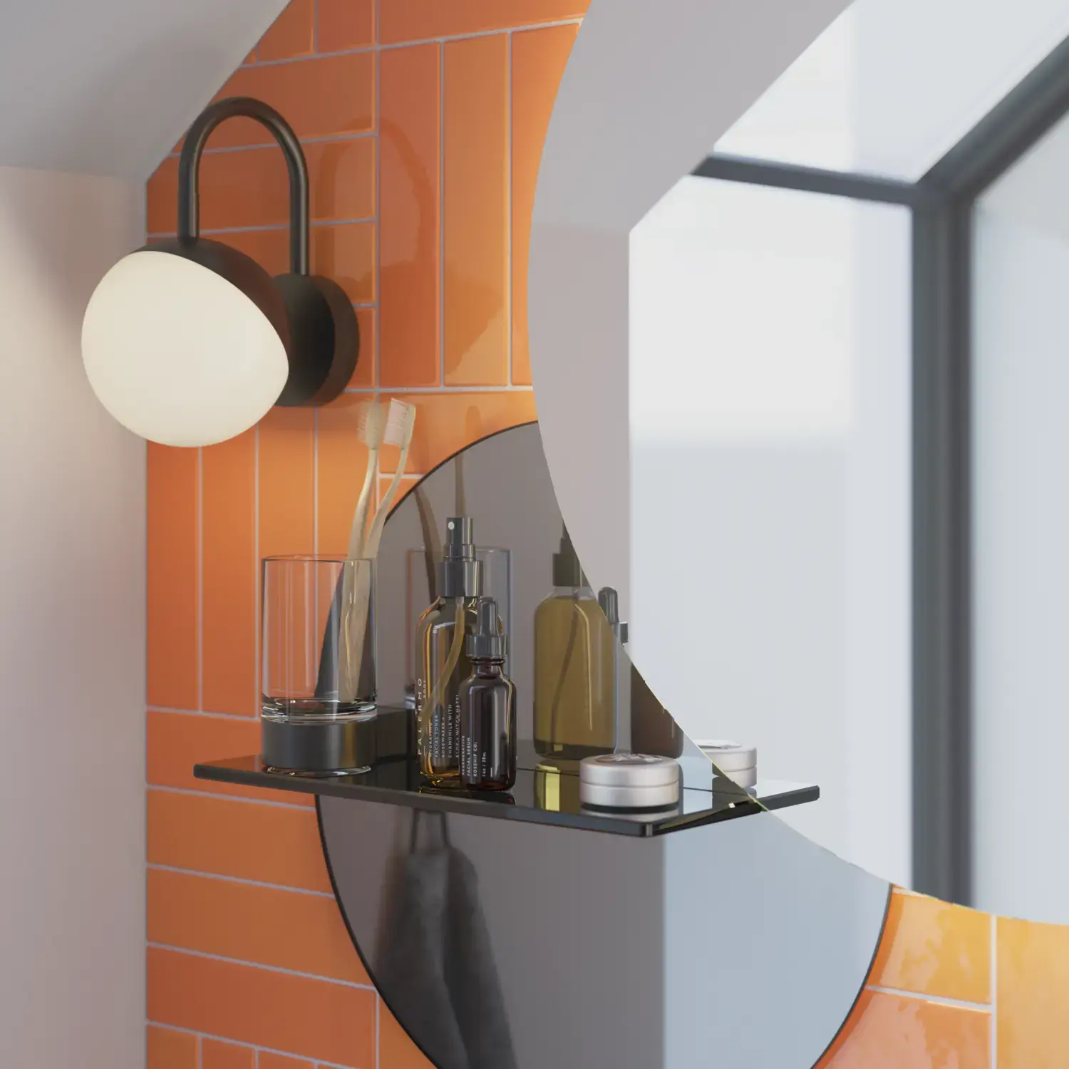 Bathroom with sloping ceiling inspiration with small white vanity unit and tall cabinet with round black handles, as well as beautiful round mirror, orange tiles give a fresh and modern look.