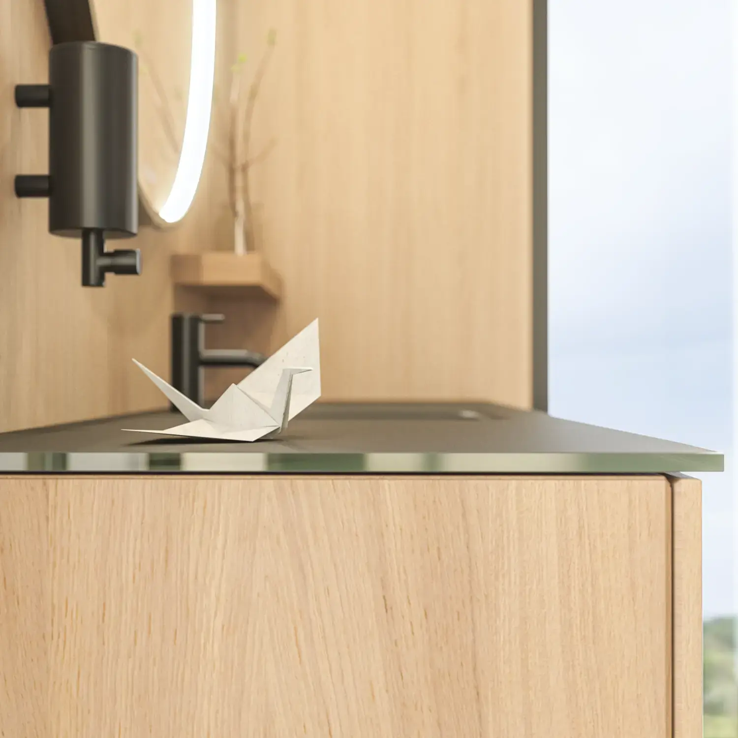 Stylish bathroom in Scandinavian and Japandi design with light wood walls, round mirror, and minimalist bathroom furniture.