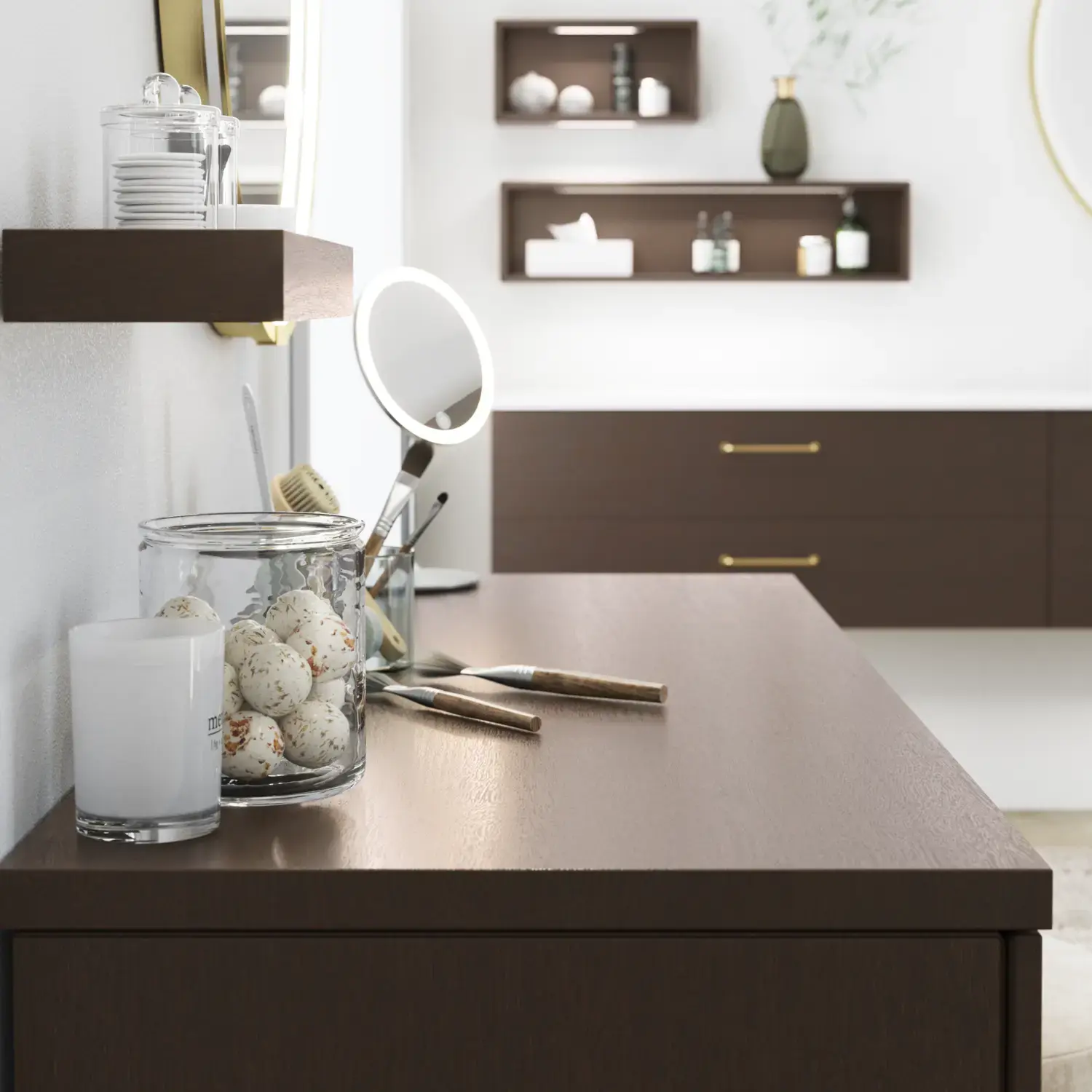 Nordic style bathroom inspiration with vanity unit and base cabinets in smoked oak, makeup area, side-mounted sink, round mirror with brass frame, and visible charming wooden beams.