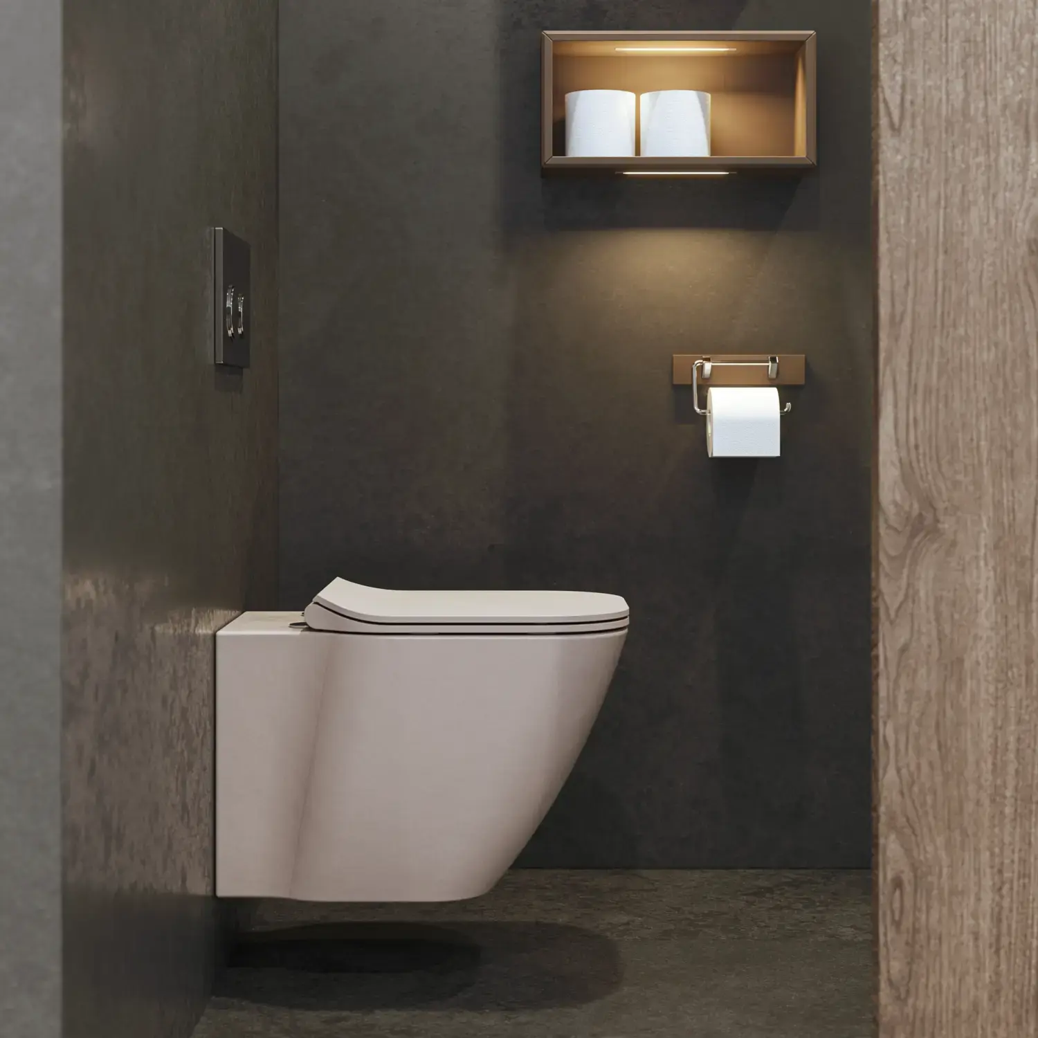 Stylish and spacious bathroom inspiration with a large round mirror with a black frame, dark stone sink, colored toilet, upper cabinet, and open shelf in a sophisticated and muted design.