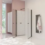 Large bathroom inspiration with white bathroom furniture, square mirror, and shower screen with swing doors with clear glass and profiles in matt black, as well as an elegant electric heated towel rail.