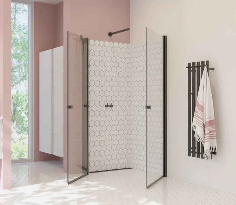 Large bathroom inspiration with white bathroom furniture, square mirror, and shower screen with swing doors with clear glass and profiles in matt black, as well as an elegant electric heated towel rail.