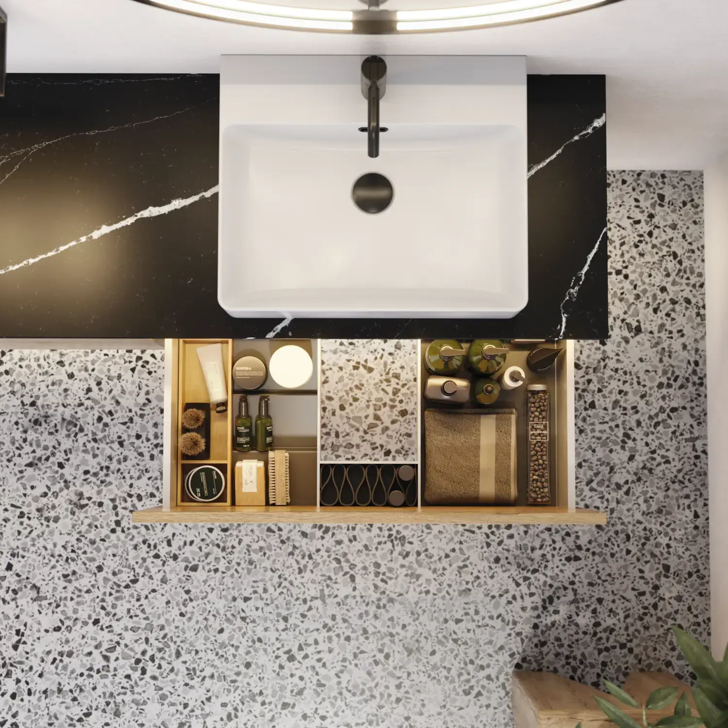 Large urban bathroom inspiration with natural oak furniture, stone countertop with square basin, round mirror with black frame, natural colors, and terracotta floor for an industrial and modern look