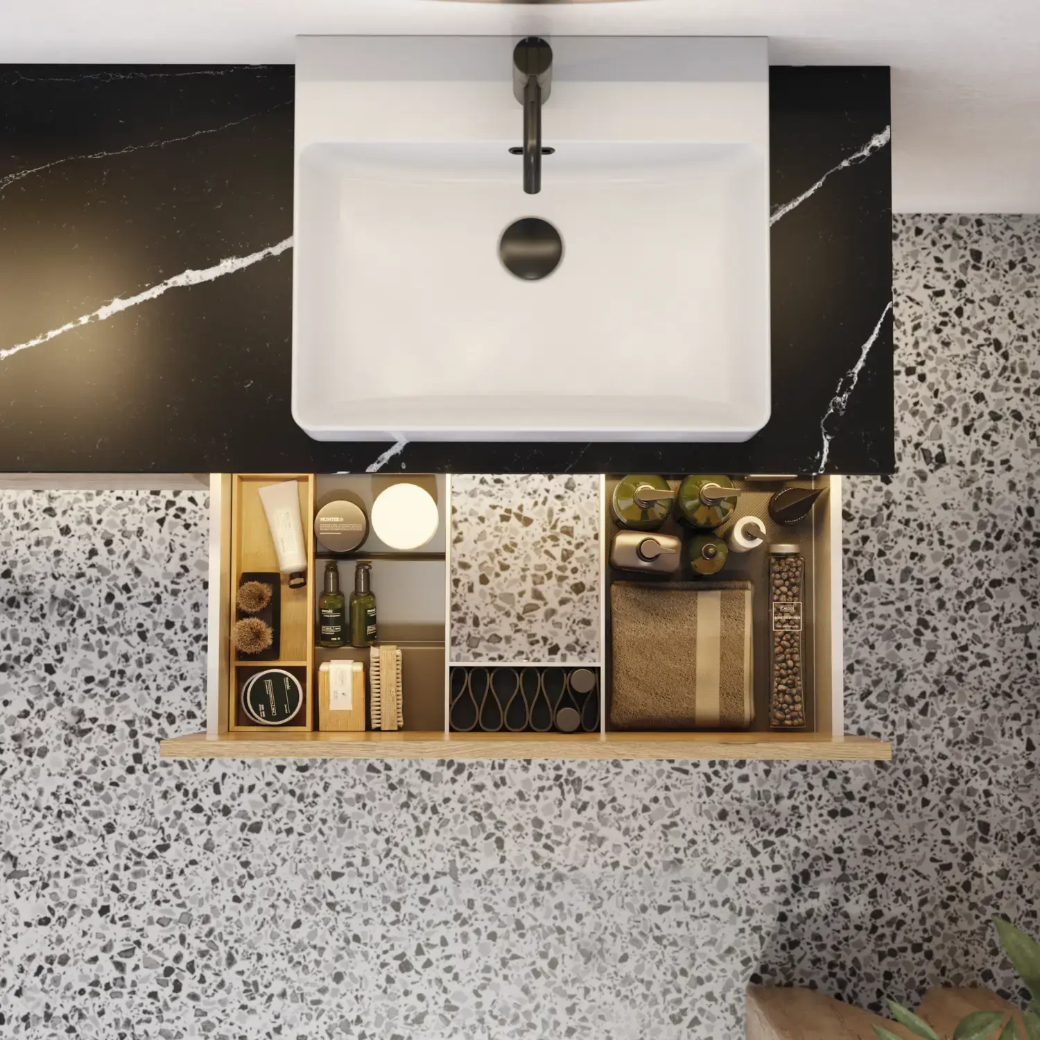 Large urban bathroom inspiration with natural oak furniture, stone countertop with square basin, round mirror with black frame, natural colors, and terracotta floor for an industrial and modern look
