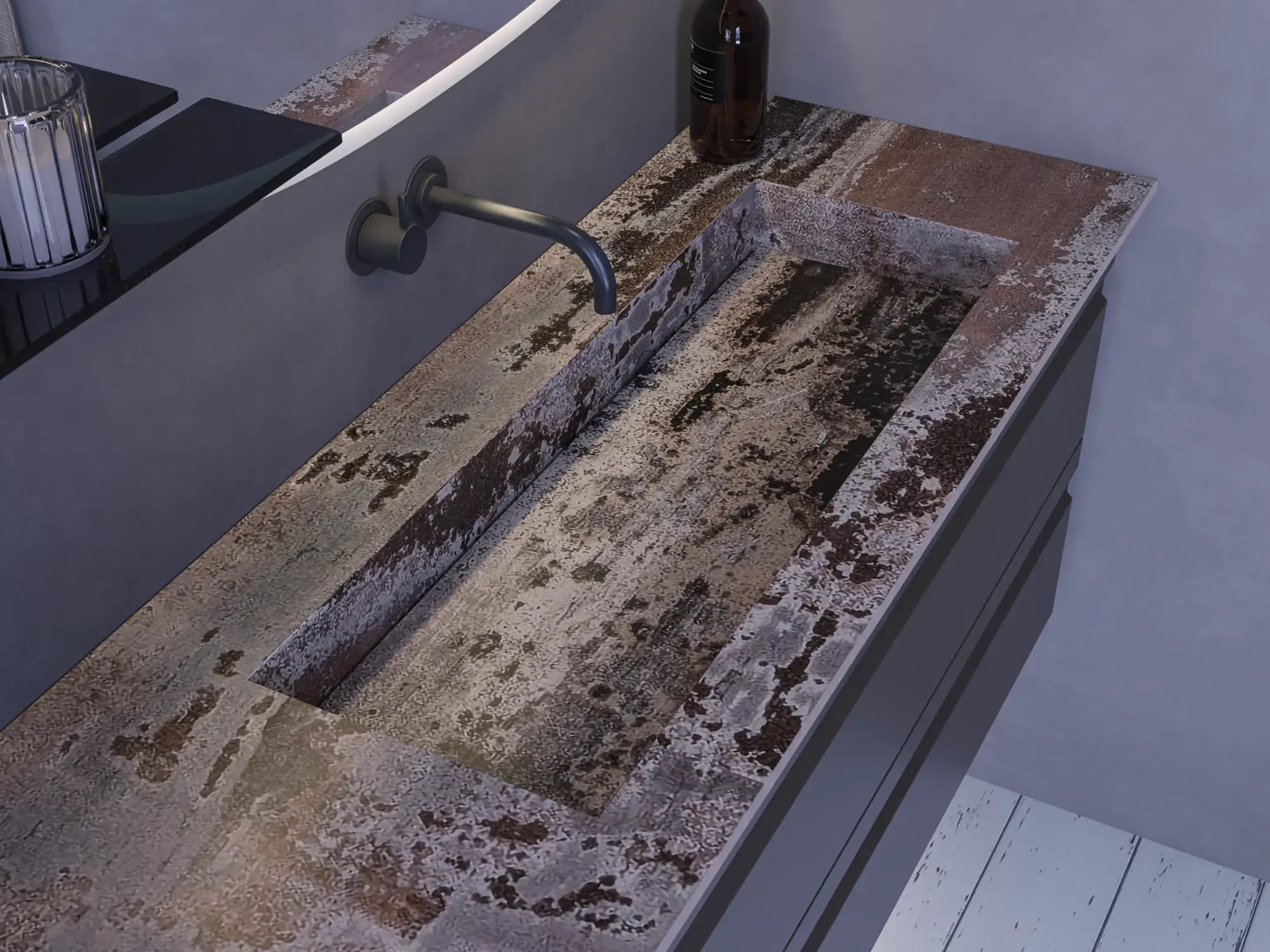 Large bathroom inspiration with grey vanity unit with integrated handle, stylish side-mounted sink, square mirror with rounded corners, concrete-look walls and raw materials for an urban look