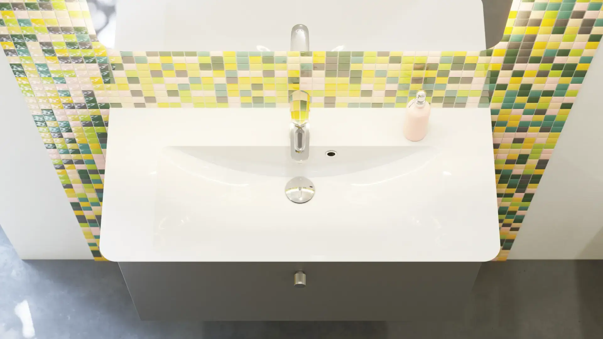Bathroom inspiration with bathroom furniture in matt grey with elegant washbasin, beautiful square mirror, grey floor and small tiles in different shades of yellow and green, which with yellow wall gives a bright and playful expression