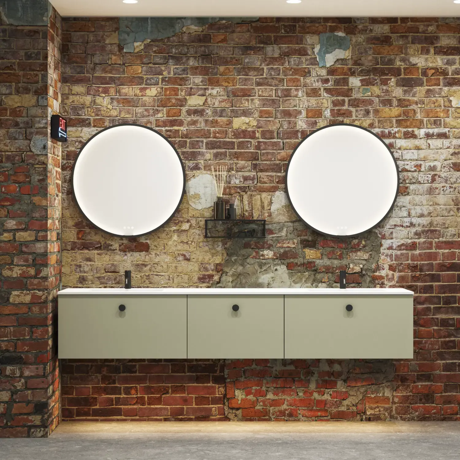 Raw and modern bathroom in an urban style. Beautiful vanity units and black framed round mirrors