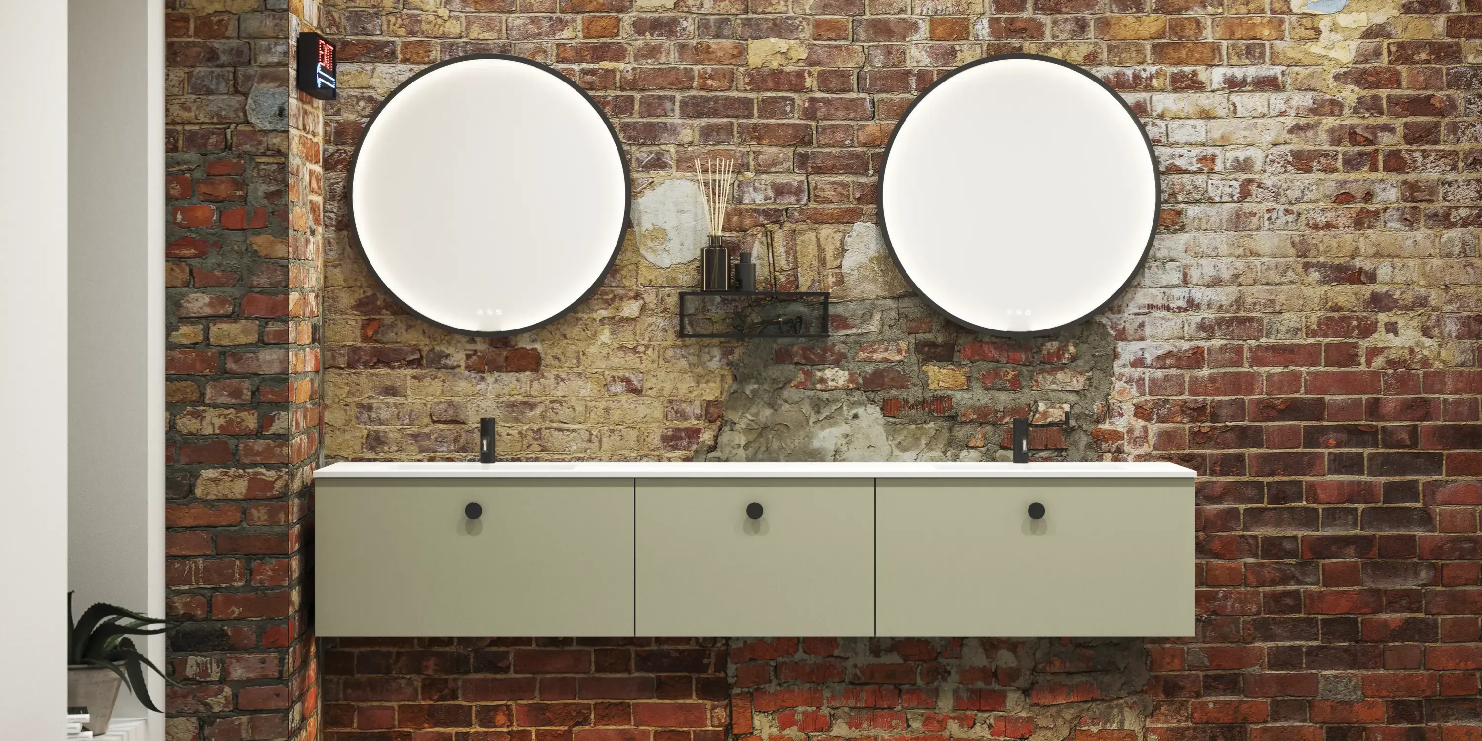 Raw and modern bathroom in an urban style. Beautiful vanity units and black framed round mirrors