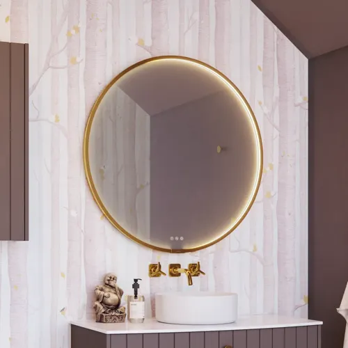 Bathroom inspiration with custom purple cabinets featuring elegant grooves, stylish countertop with a vessel sink, large mirror with brass edge, tiles and walls in purple shades create a romantic and feminine look