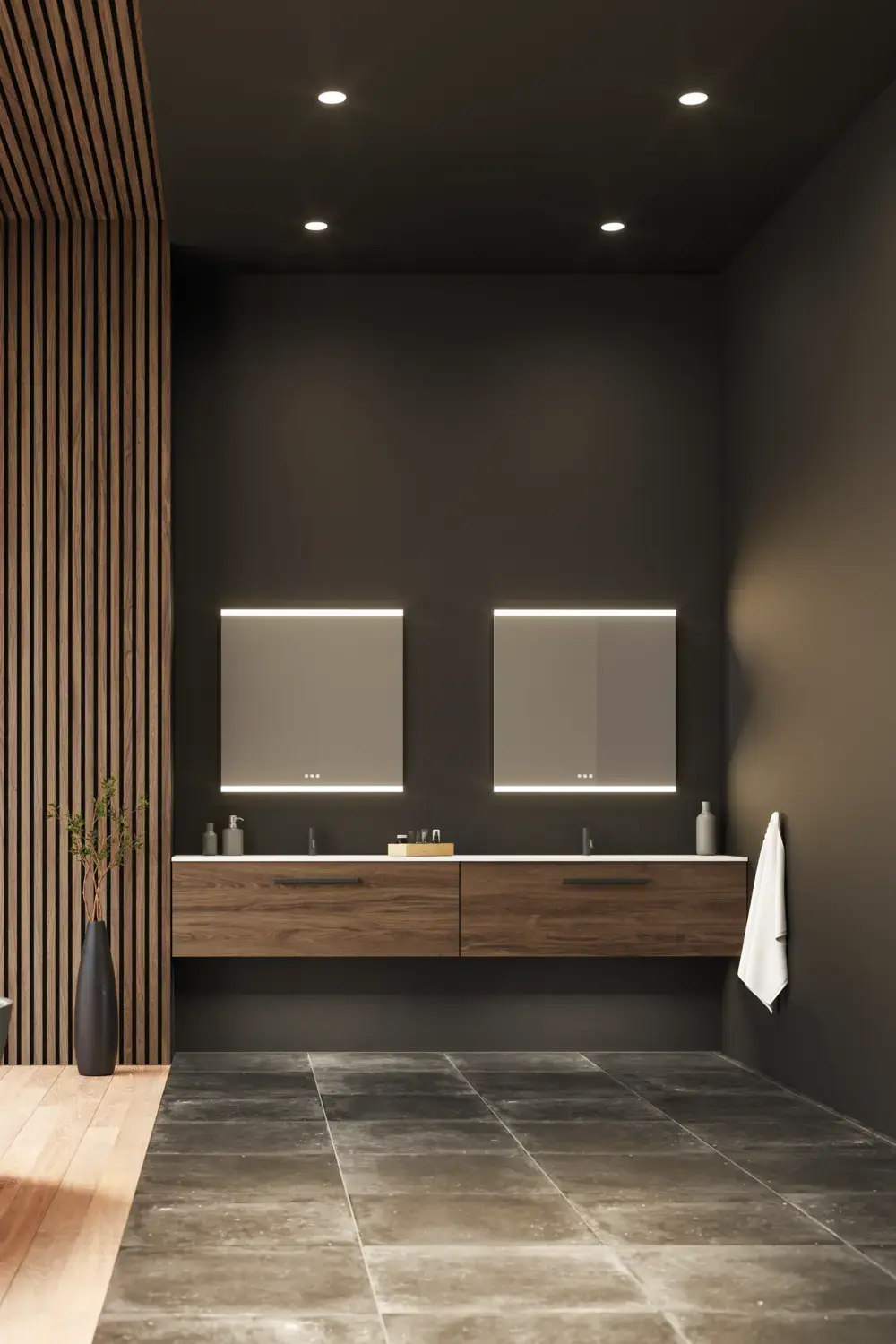 Large bathroom inspiration with vanity units and brown oak slats, freestanding bathtub, and square mirrors with light, elegant double sink gives a modern and symmetrical look