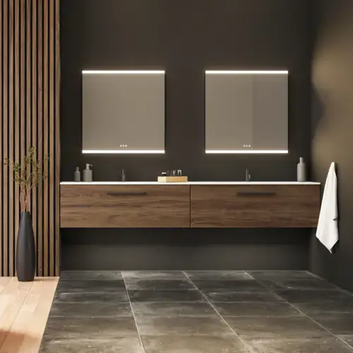Large bathroom inspiration with vanity units and brown oak slats, freestanding bathtub, and square mirrors with light, elegant double sink gives a modern and symmetrical look