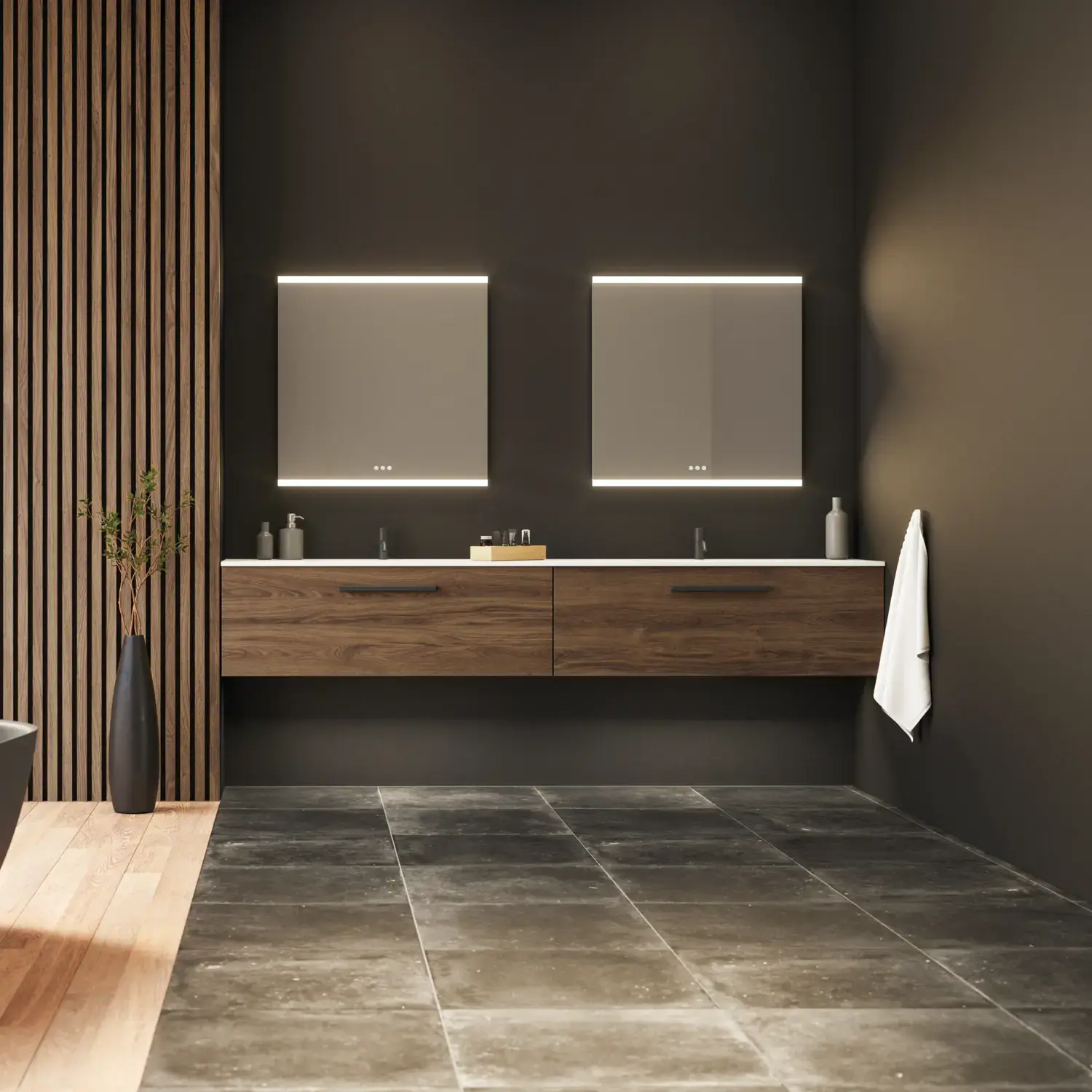 Large bathroom inspiration with vanity units and brown oak slats, freestanding bathtub, and square mirrors with light, elegant double sink gives a modern and symmetrical look