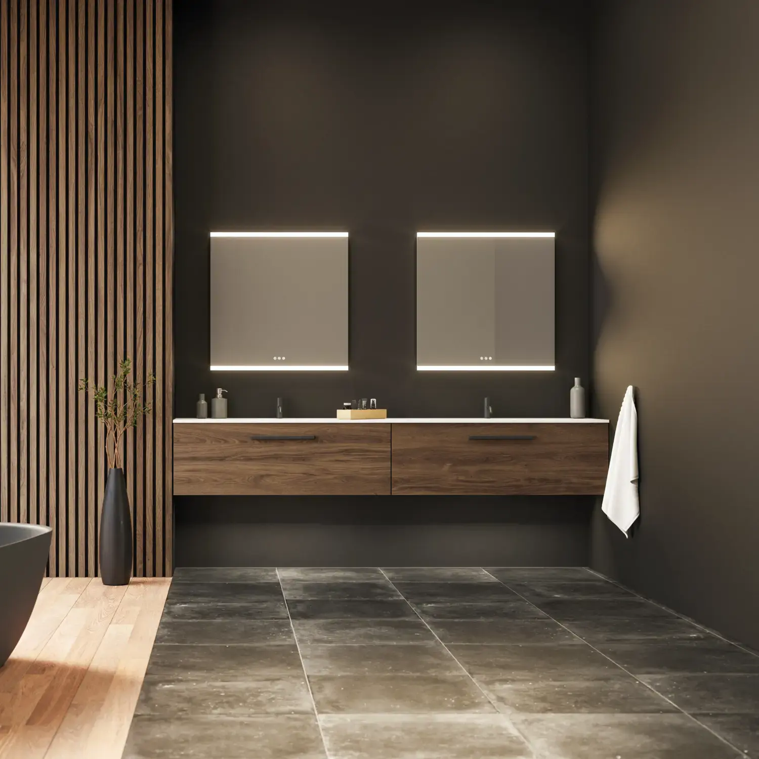 Large bathroom inspiration with vanity units and brown oak slats, freestanding bathtub, and square mirrors with light, elegant double sink gives a modern and symmetrical look