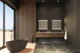 Large bathroom inspiration with vanity units and brown oak slats, freestanding bathtub, and square mirrors with light, elegant double sink gives a modern and symmetrical look