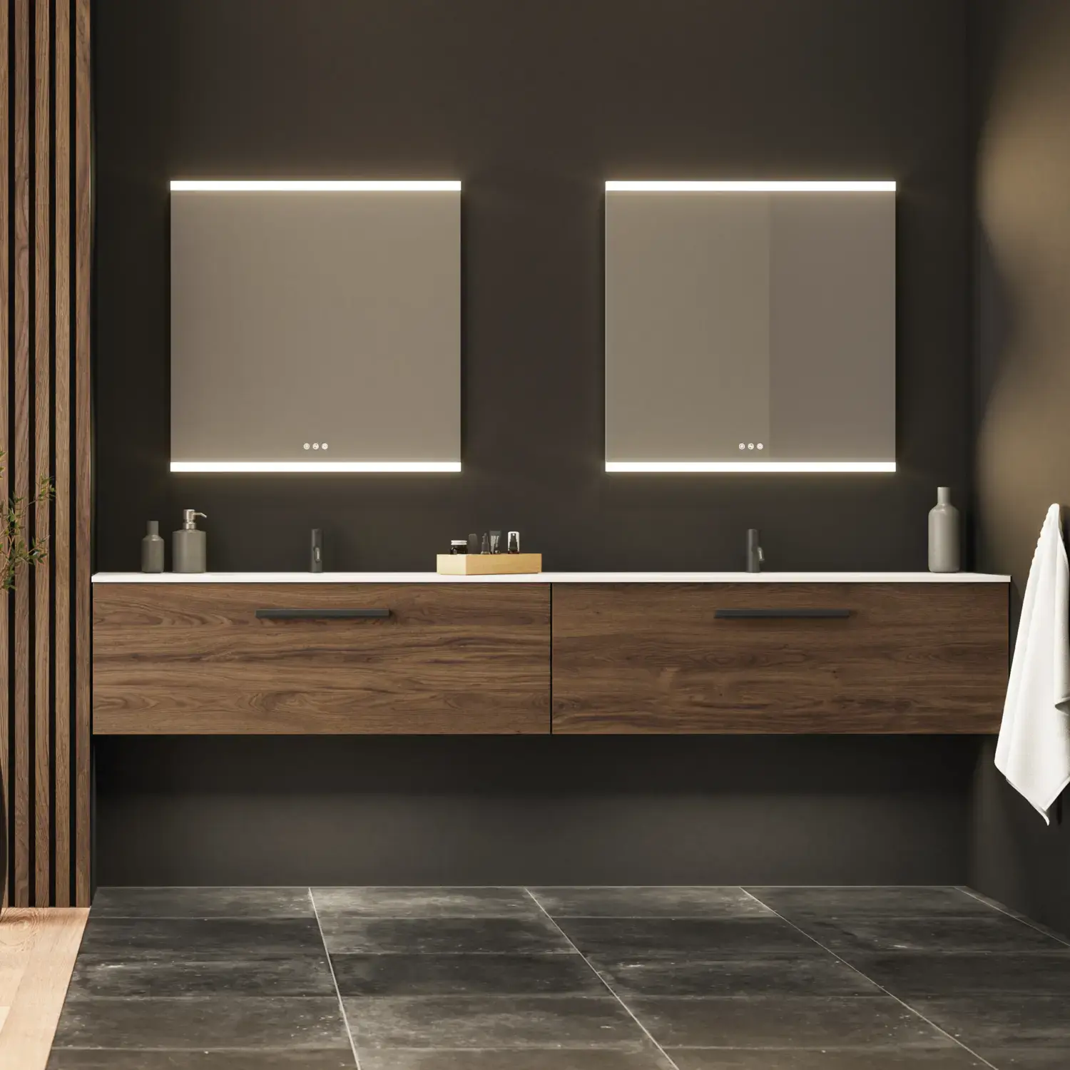 Large bathroom inspiration with vanity units and brown oak slats, freestanding bathtub, and square mirrors with light, elegant double sink gives a modern and symmetrical look