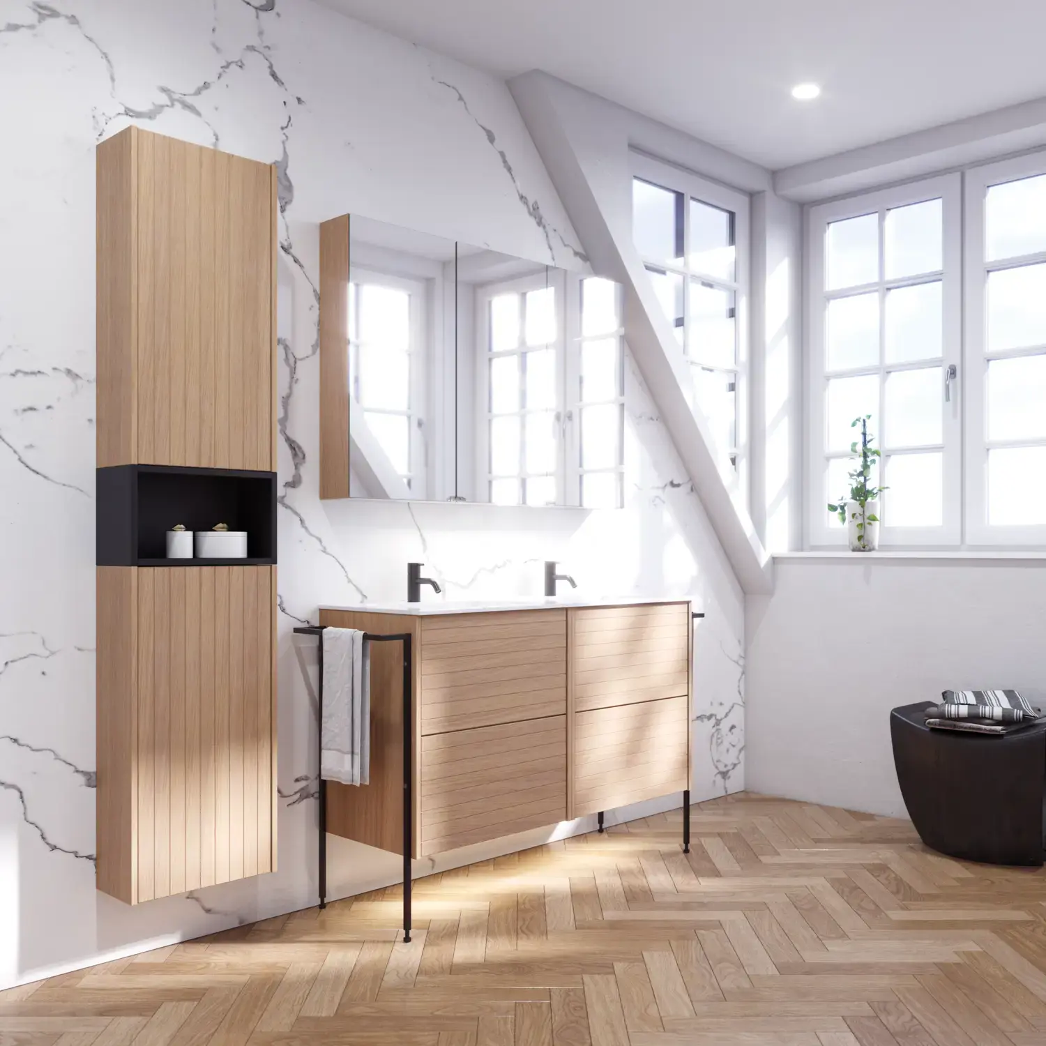 Bathroom inspiration with washbasin cabinets and wall cabinets in light oak with grooves, elegant double sink, beautiful mirror cabinet with light, herringbone floor in light wood, and white marble wall give a classic, bright, and sleek look.