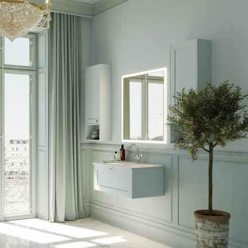 Large bathroom inspiration with frame-fronted bathroom furniture, elegant sink, and built-in mirror cabinet with light frame, romantic chandelier, and white marble floor give a luxurious, refined, and classic look.