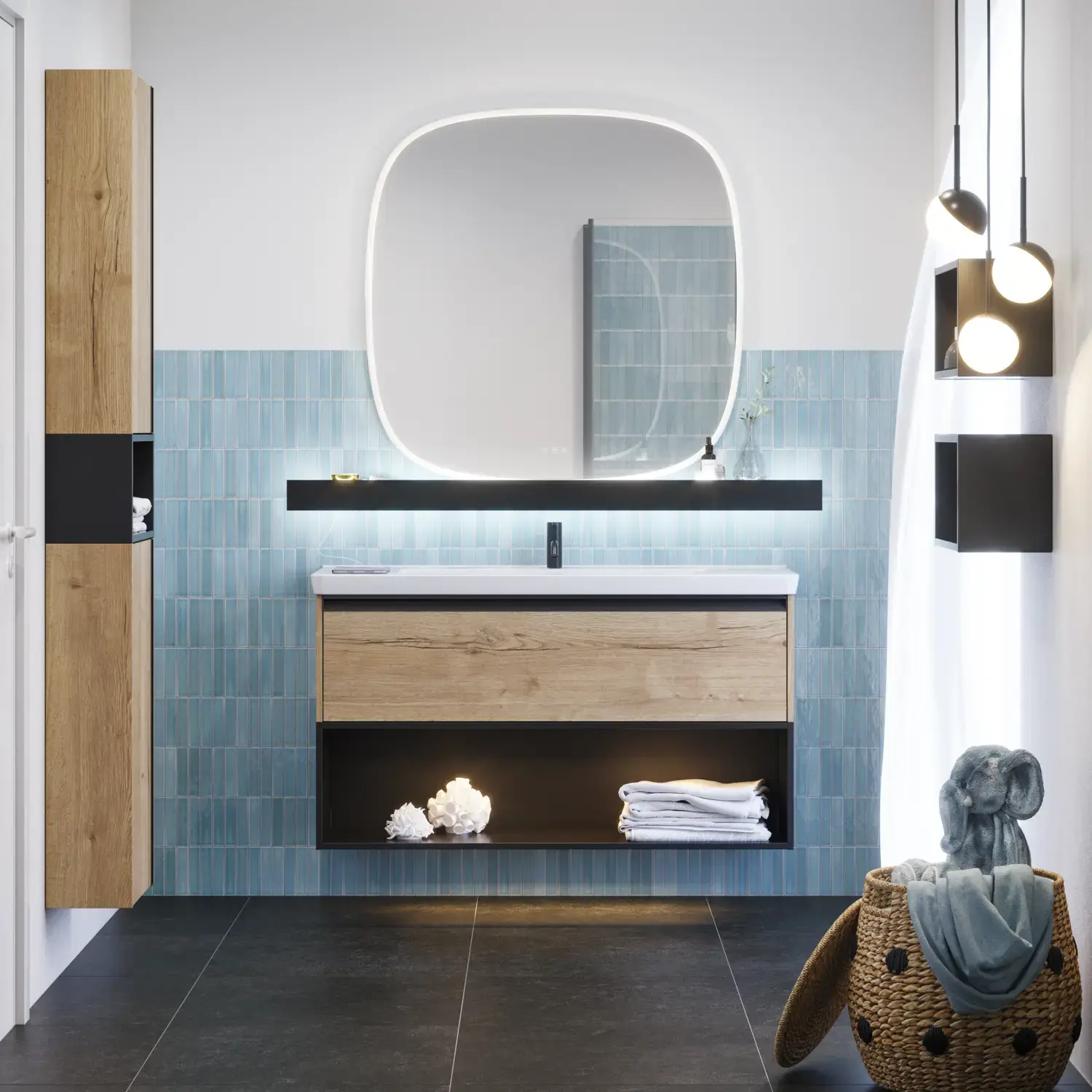 Bathroom inspiration with elongated blue tiles, natural oak bathroom furniture with black details, creating a harmonious and sophisticated look