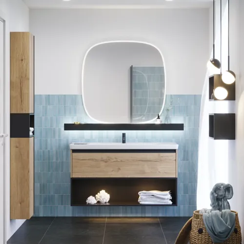 Bathroom inspiration with elongated blue tiles, natural oak bathroom furniture with black details, creating a harmonious and sophisticated look