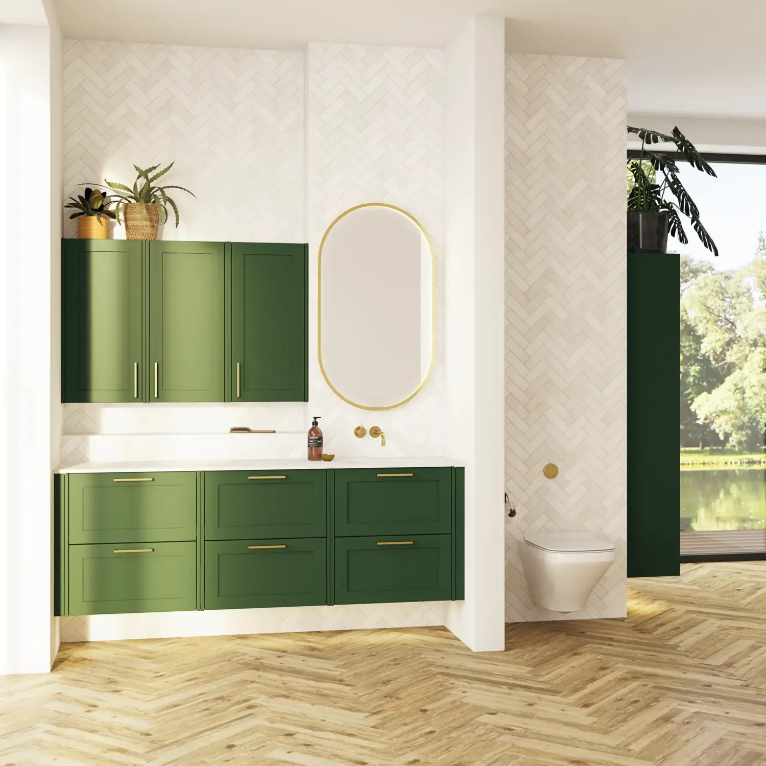 Large bathroom in green colors with vanity unit, brass framed oval mirror and beautiful framed doors