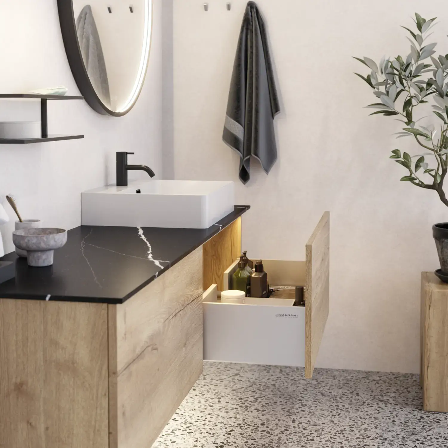 Large urban bathroom inspiration with natural oak furniture, stone countertop with square basin, round mirror with black frame, natural colors, and terracotta floor for an industrial and modern look
