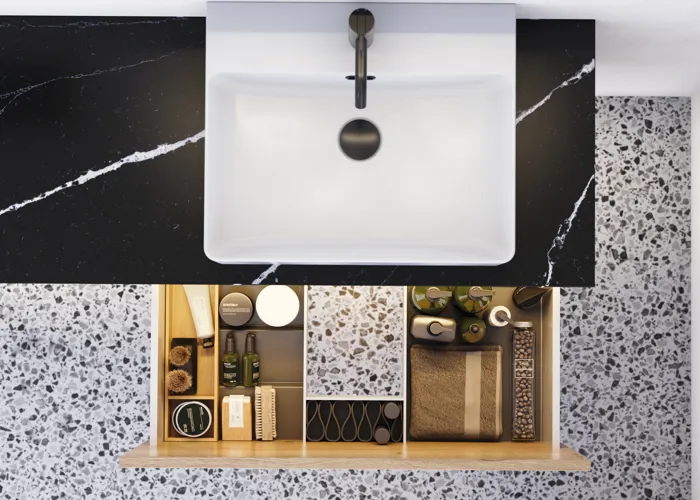 Large urban bathroom inspiration with natural oak furniture, stone countertop with square basin, round mirror with black frame, natural colors, and terracotta floor for an industrial and modern look