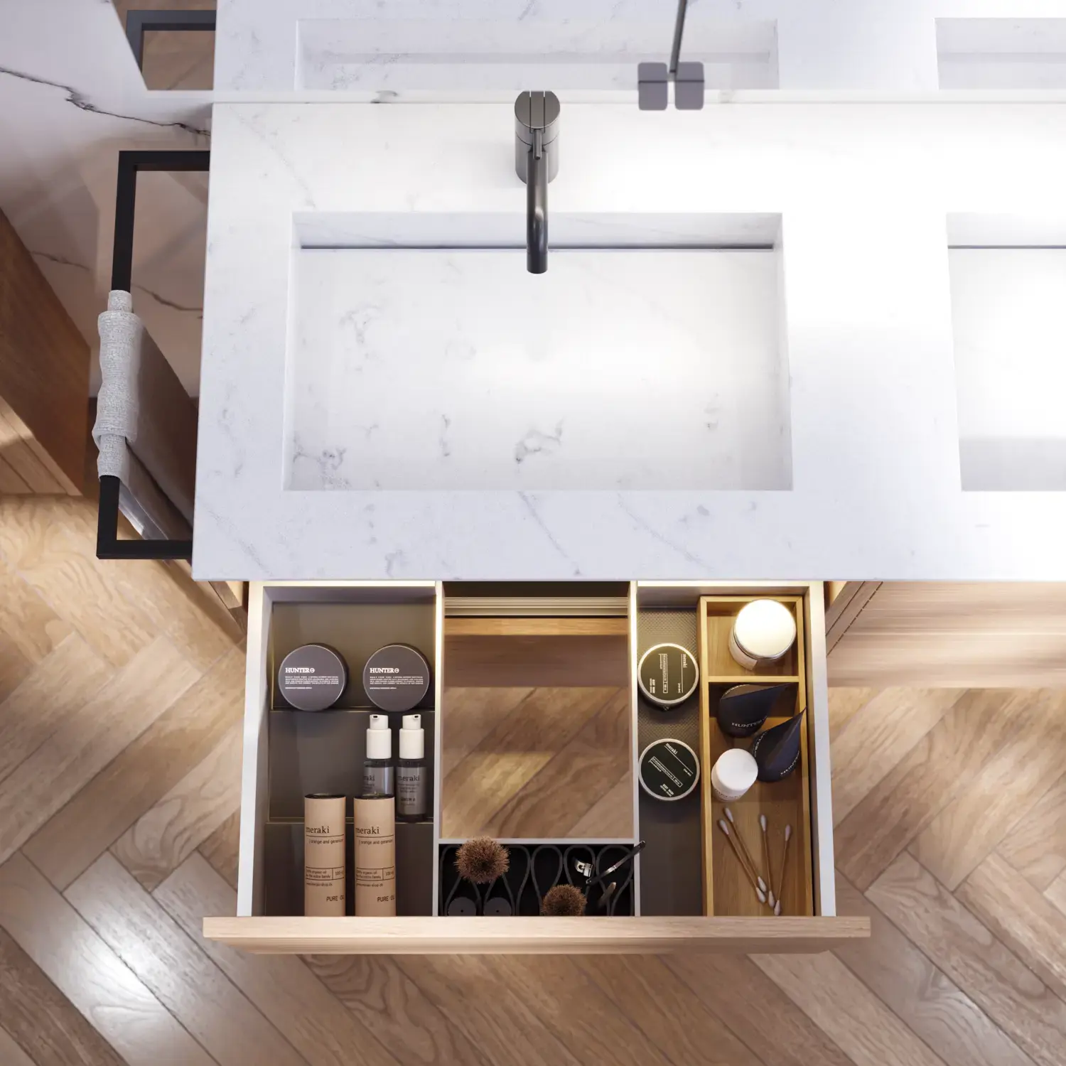 Bathroom inspiration with washbasin cabinets and wall cabinets in light oak with grooves, elegant double sink, beautiful mirror cabinet with light, herringbone floor in light wood, and white marble wall give a classic, bright, and sleek look.