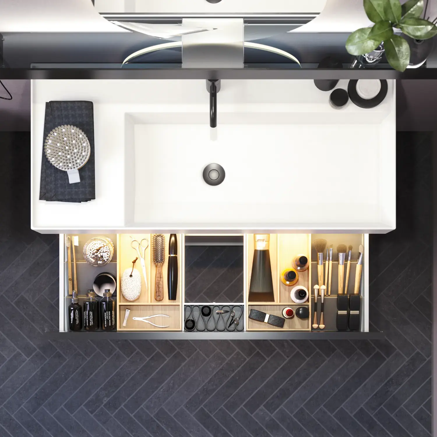 Kylpyhuone, jossa on vinot seinät, inspiraatio, kylpyhuonekalusteet liilaa, elegantit kehysovet, kaunis soikea peili lampulla, kaunis ja käytännöllinen hylly, liilaksi maalattu seinä ja harmaa kalanruotolattia, jotka antavat elegantin ja modernin ilmeen.