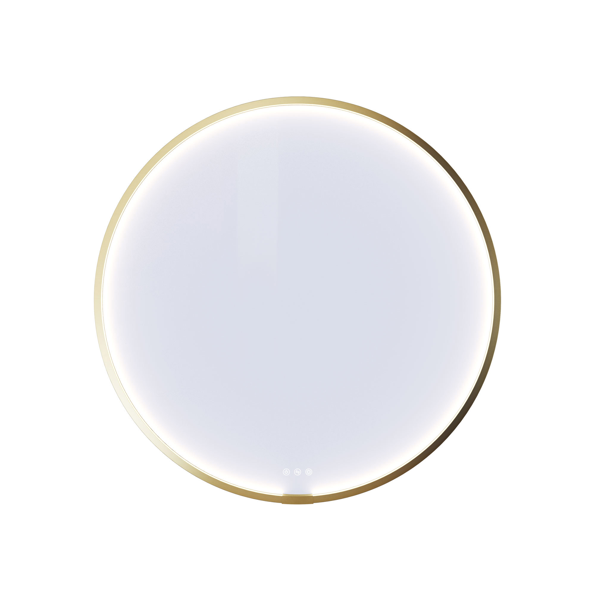 Large and romantic bathroom with brass framed round mirror