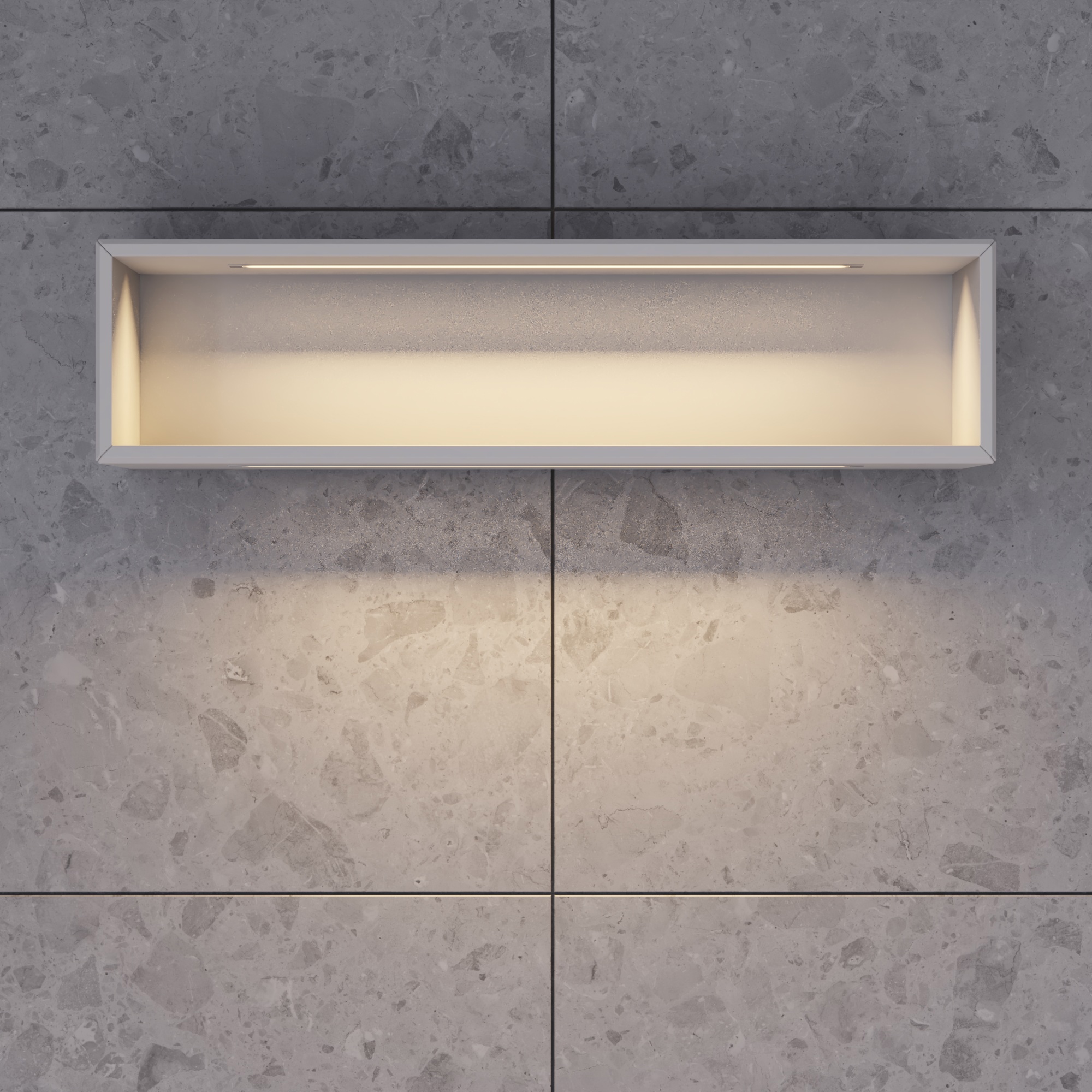 Stylish bathroom inspiration with beige vanity unit with inner drawer, upper cabinet, open shelf, oval mirror with lighting, matching pendants, shelf under the mirror, and wall-mounted toilet. Walls with light, elongated tiles